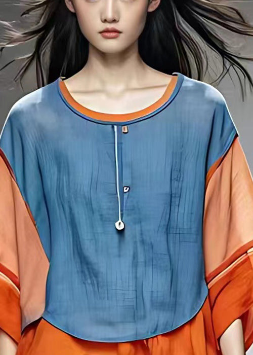 Blue O Neck Patchwork Cotton Top Bracelet Sleeve