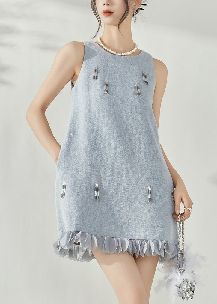 Blue O-neck Patchwork Nail Bead Mid Dresses Sleeveless