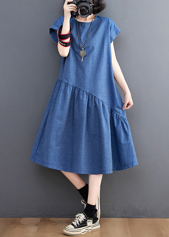 Blue O-neck Patchwork Silk Denim Maxi Dress Summer