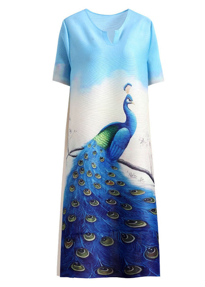 Blue O-neck Peacock Print Silk Mid Dress Short Sleeve
