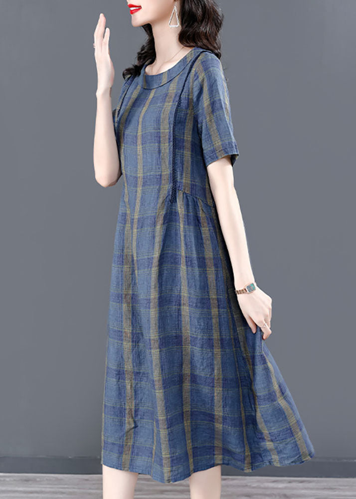 Blue O-neck Plaid Wrinkled Pockets Cotton Cinch Dress Short Sleeve