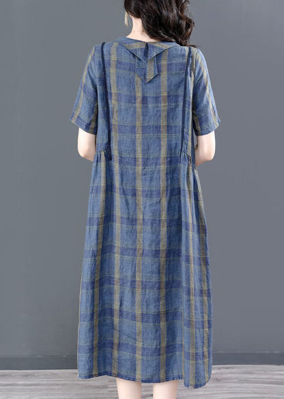 Blue O-neck Plaid Wrinkled Pockets Cotton Cinch Dress Short Sleeve
