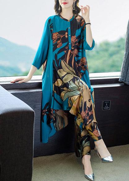 Blue O-neck Print Chiffon Dress and Pants Two Pieces Set Three Quarter Sleeve