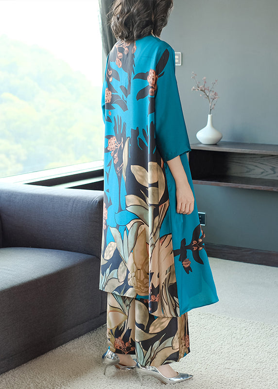 Blue O-neck Print Chiffon Dress and Pants Two Pieces Set Three Quarter Sleeve