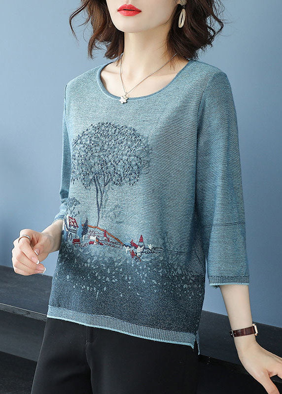 Blue O-neck Print Knit Sweater Tops Bracelet Sleeve