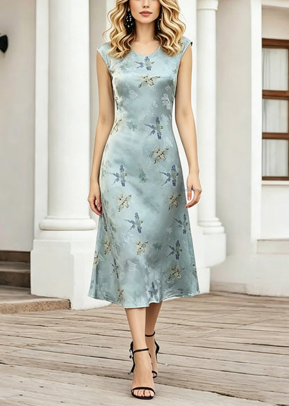 Blue O-neck Print Long Dress Short Sleeve