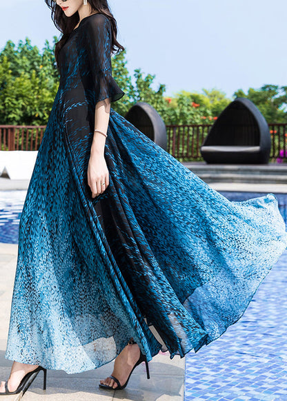 Blue O-neck Print Party Chiffon Long Dress Half Sleeve