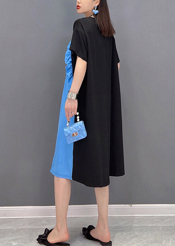 Blue O-neck Ruffled Patchwork Button Dress Short Sleeve