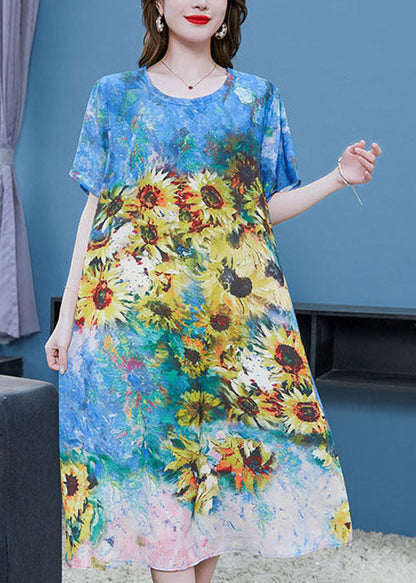 Blue O Neck the Sunflowers Patchwork Chiffon Dresses Summer