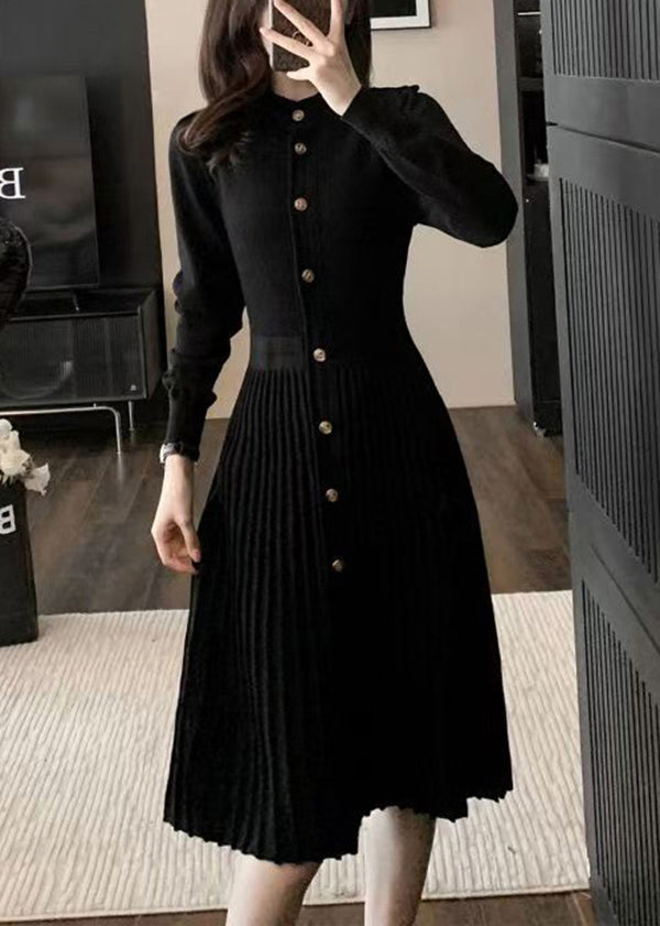Blue O Neck Wrinkled Knit Sweaters Dress Winter