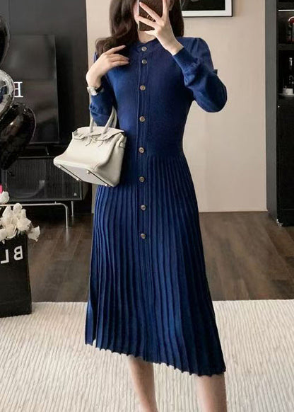 Blue O Neck Wrinkled Knit Sweaters Dress Winter