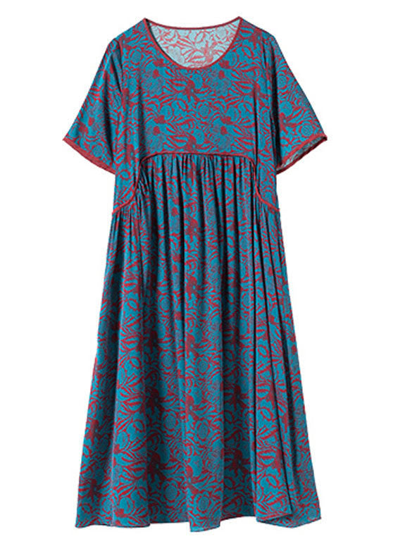 Blue O-neck Wrinkled Print Silk Long Dress Short Sleeve