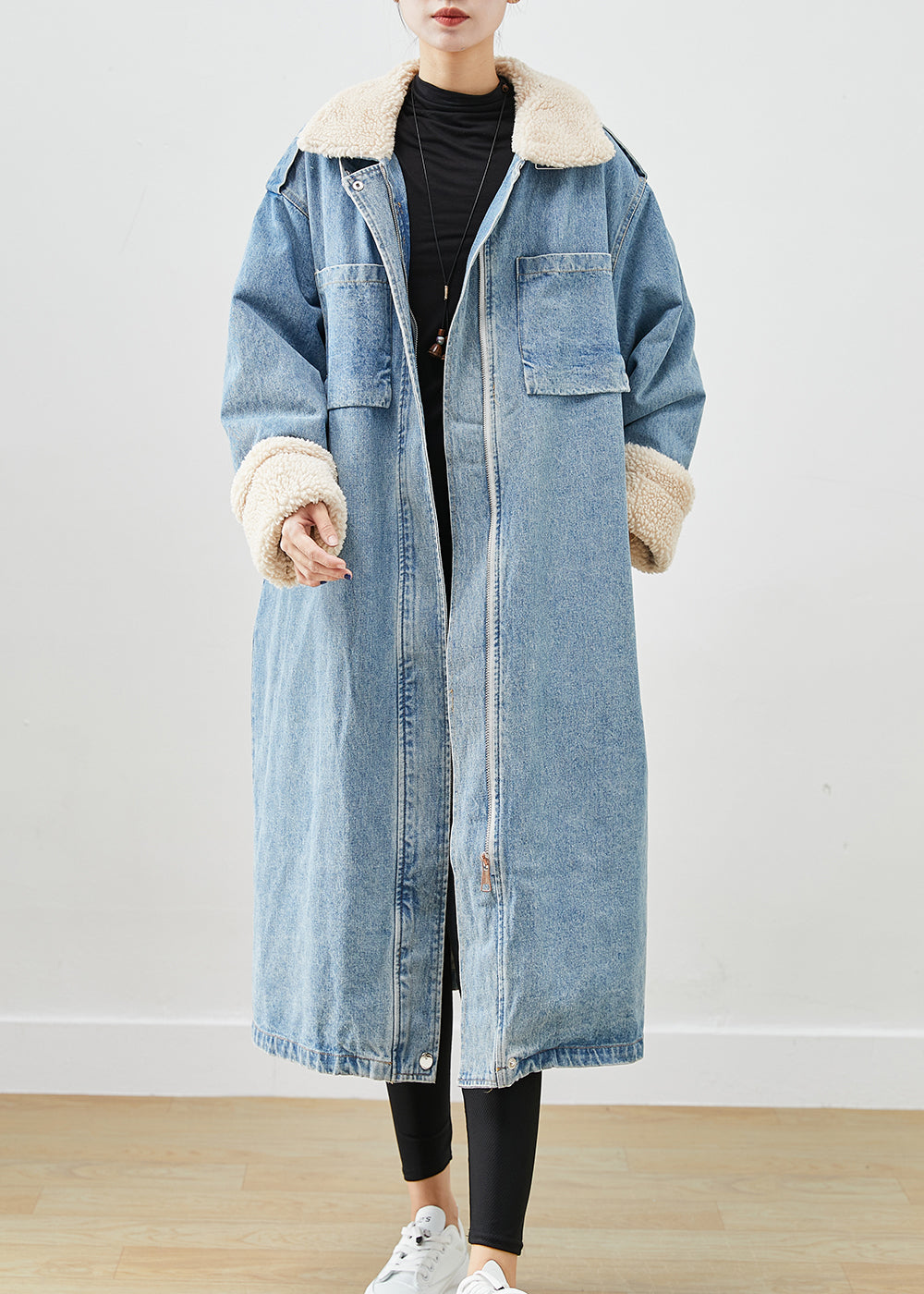 Blue Oversized Pockets Fleece Wool Lined Denim Trench Fall
