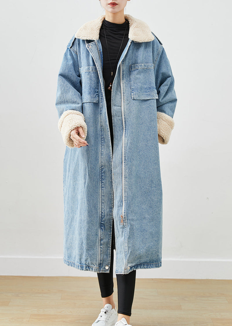 Blue Oversized Pockets Fleece Wool Lined Denim Trench Fall