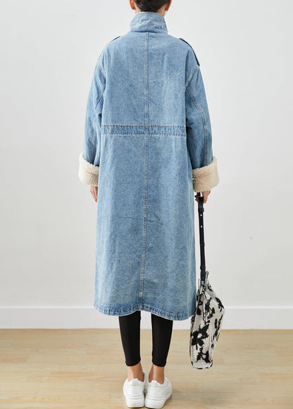 Blue Oversized Pockets Fleece Wool Lined Denim Trench Fall