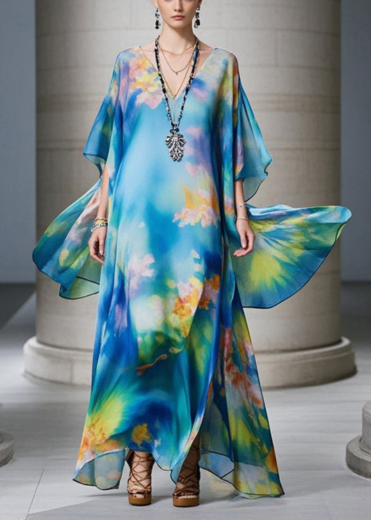 Blue Oversized Print Chiffon Beach Dress Summer