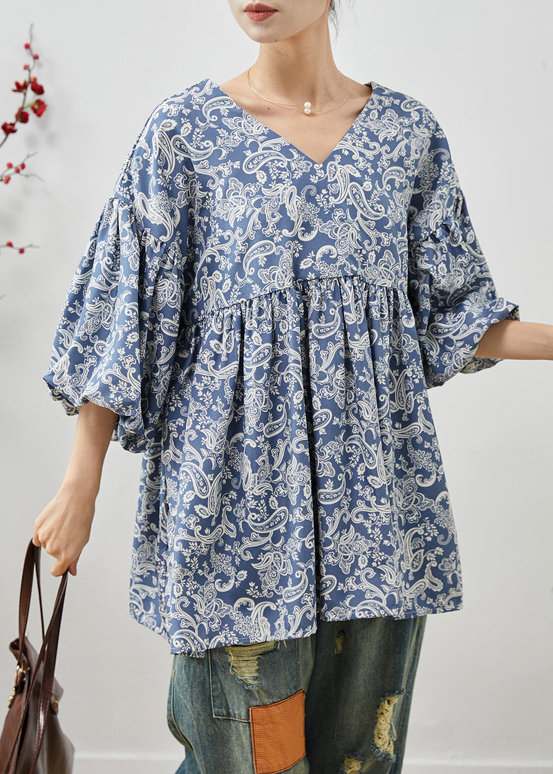 Blue Oversized Print Cotton Shirts Summer
