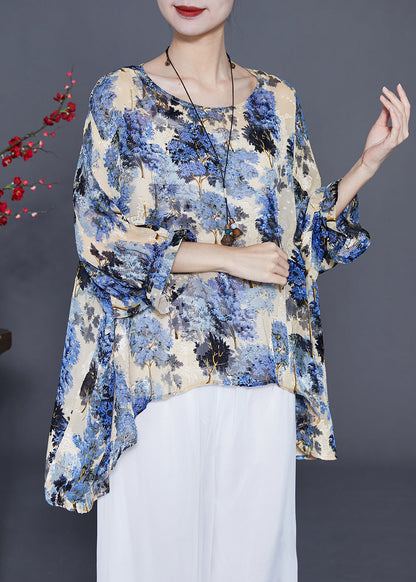 Blue Oversized Print Silk Blouse Tops Summer