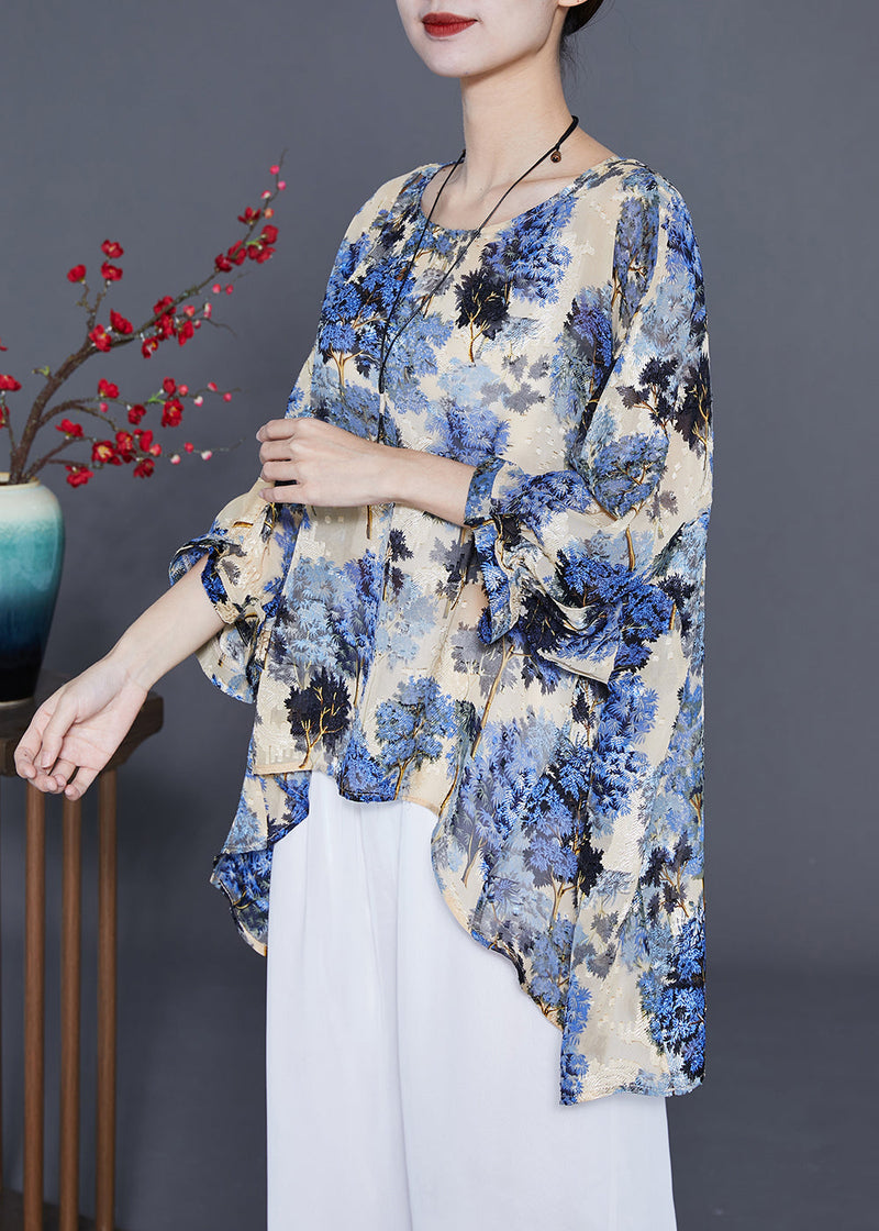 Blue Oversized Print Silk Blouse Tops Summer