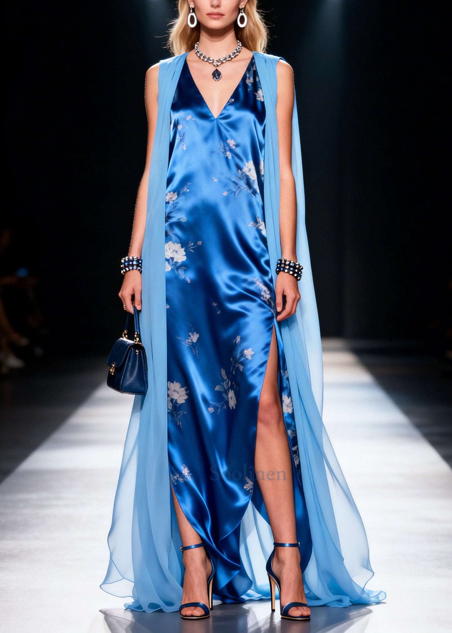 Blue Patchwork Silk Maxi Dress Side Open Sleeveless