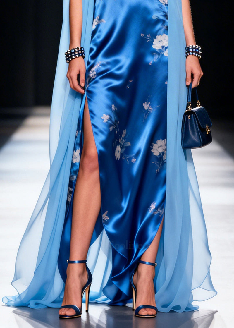 Blue Patchwork Silk Maxi Dress Side Open Sleeveless