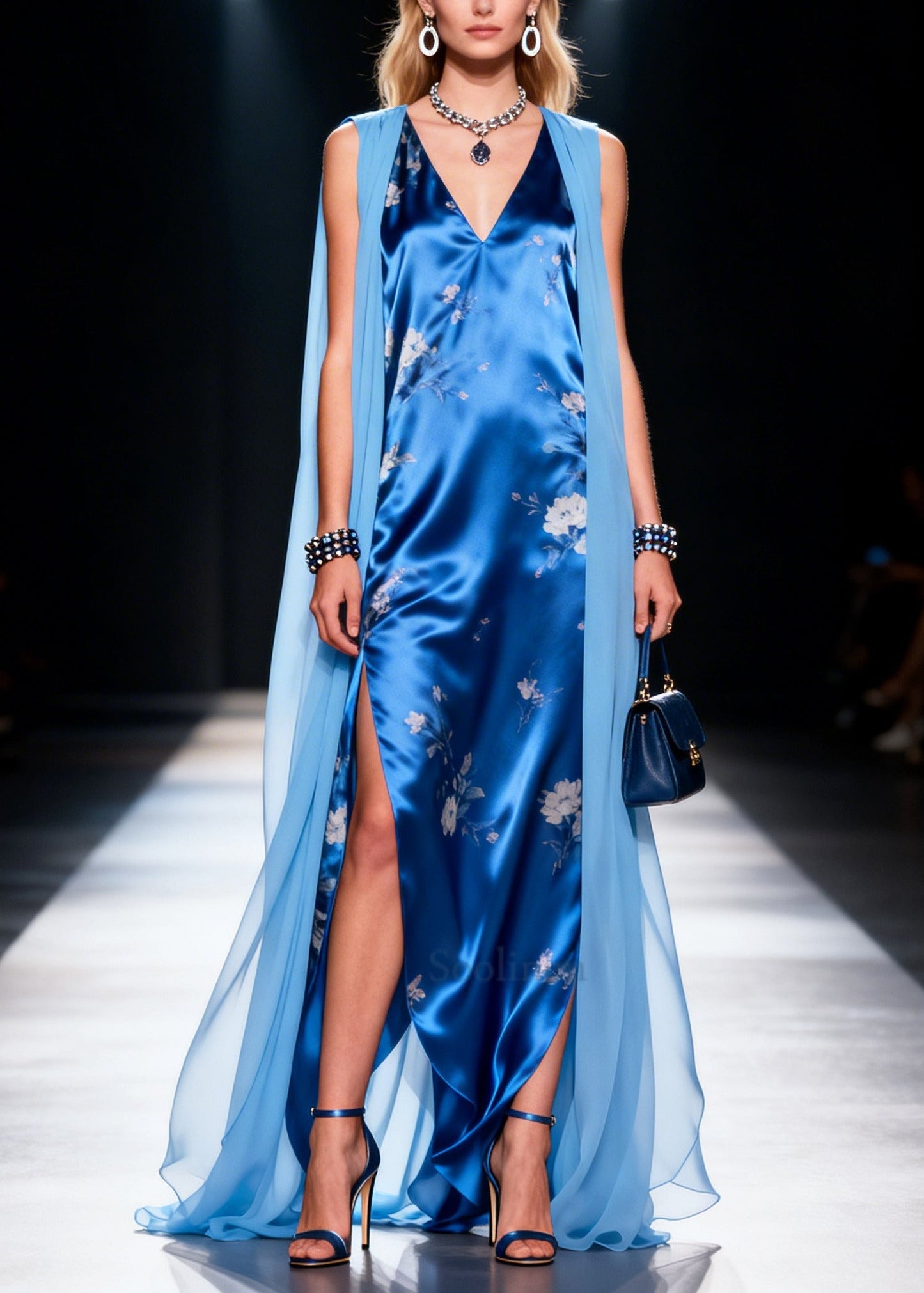Blue Patchwork Silk Maxi Dress Side Open Sleeveless