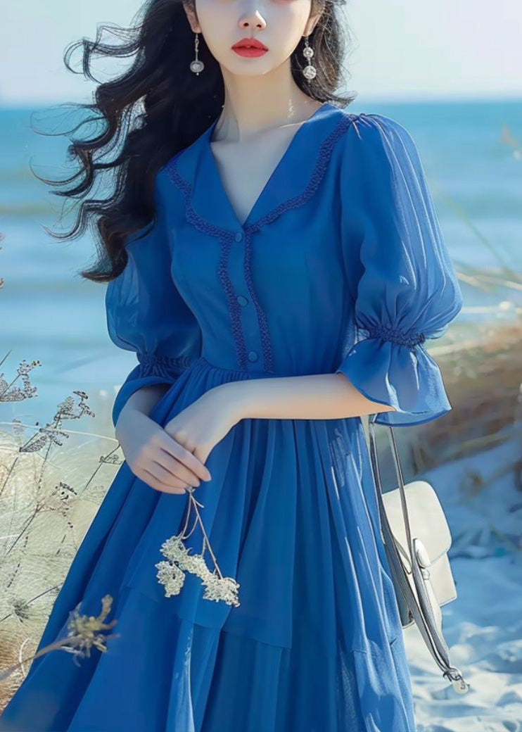 Blue Peter Pan Collar Button Chiffon Dress Flare Sleeve