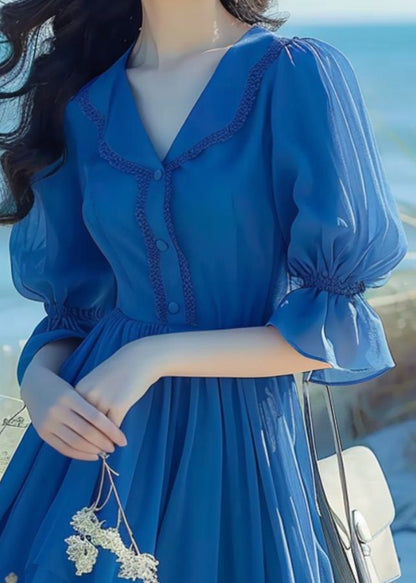 Blue Peter Pan Collar Button Chiffon Dress Flare Sleeve