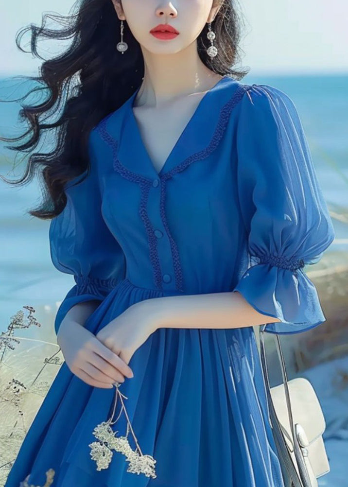 Blue Peter Pan Collar Button Chiffon Dress Flare Sleeve