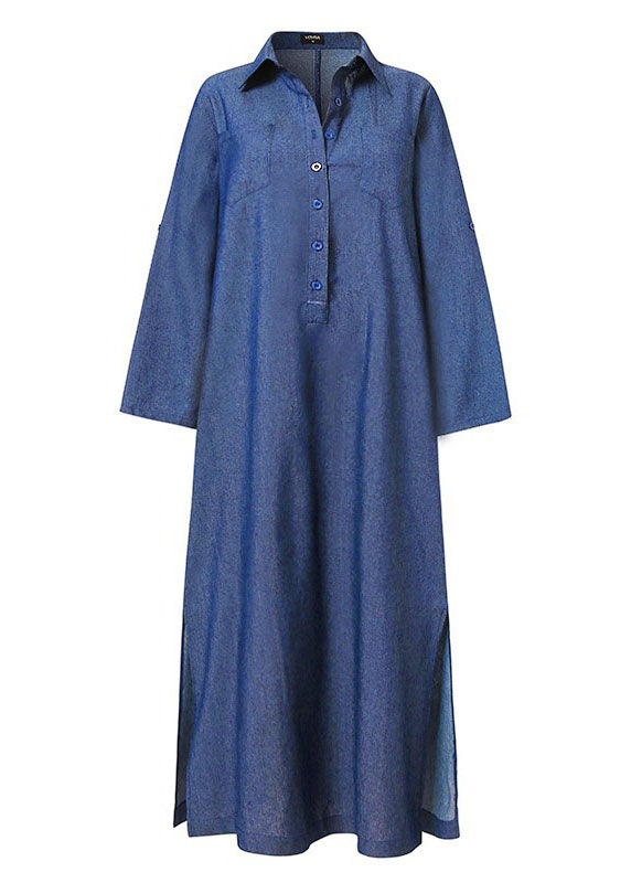 Blue Peter Pan Collar Patchwork Long Denim Dress Long Sleeve