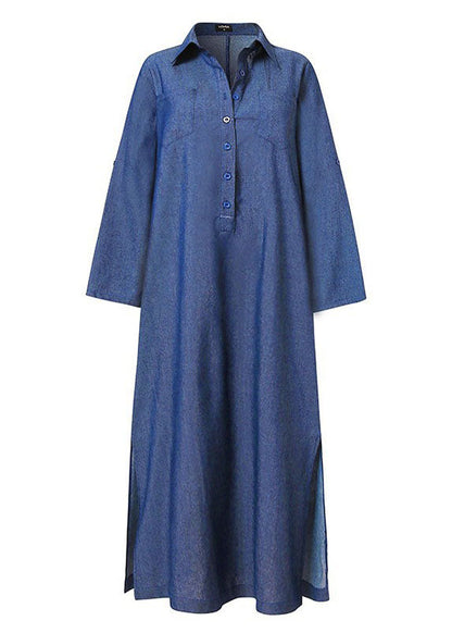 Blue Peter Pan Collar Patchwork Long Denim Dress Long Sleeve