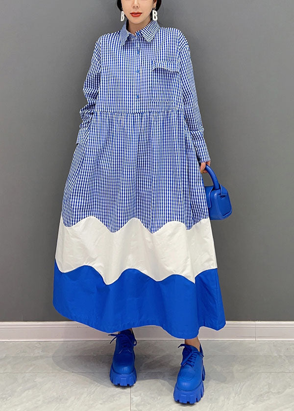 Blue Peter Pan Collar Patchwork Plaid Cotton Shirt Dresses Spring