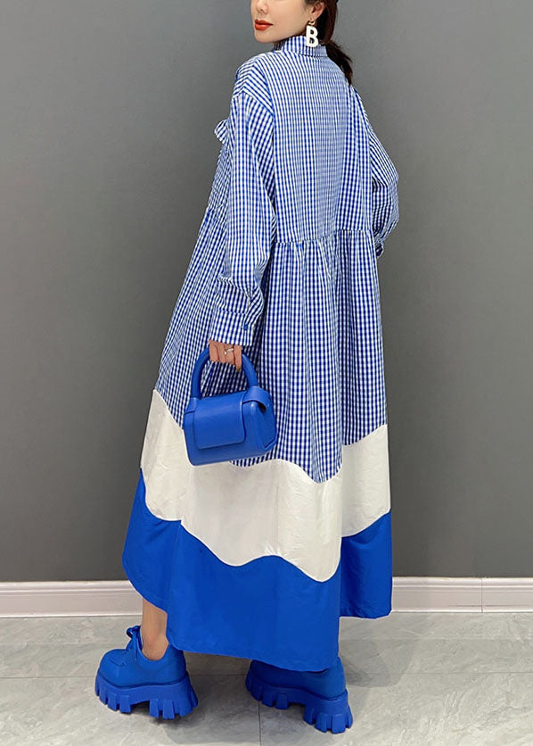 Blue Peter Pan Collar Patchwork Plaid Cotton Shirt Dresses Spring
