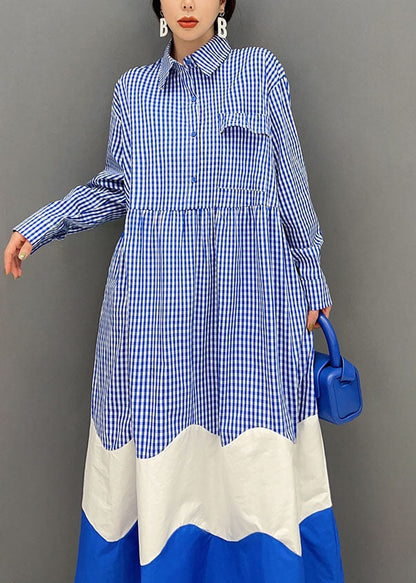 Blue Peter Pan Collar Patchwork Plaid Cotton Shirt Dresses Spring