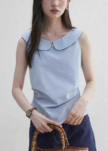 Blue Peter Pan Collar Plaid Cotton Shirt Sleeveless