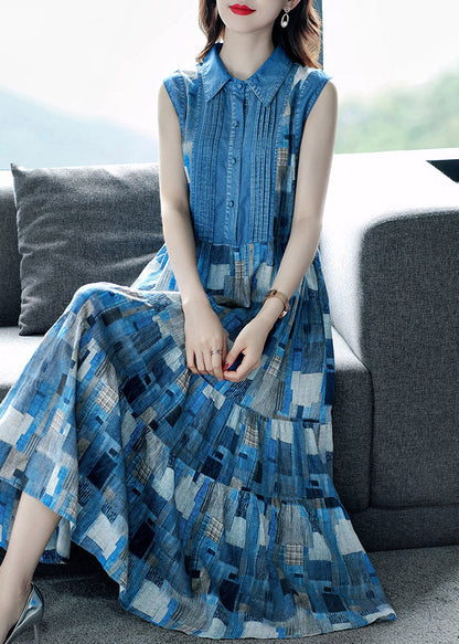 Blue Peter Pan Collar Plaid Wrinkled Maxi Dresses Summer