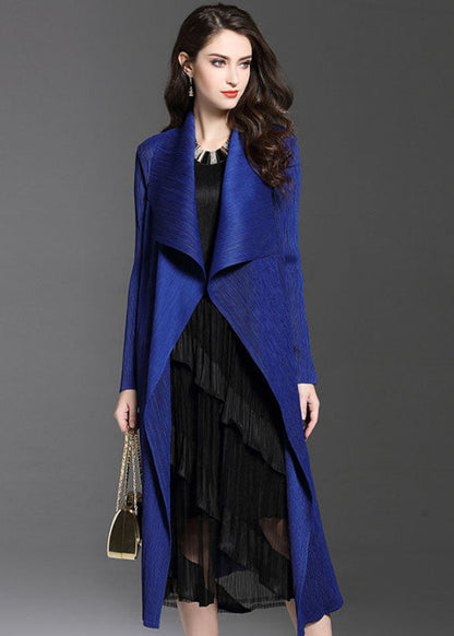 Blue Peter Pan Collar Wrinkled Patchwork Silk Trench Fall