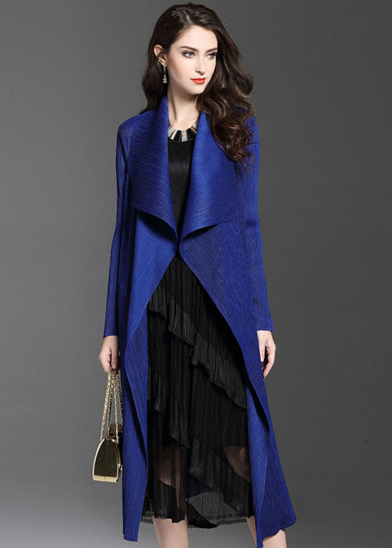 Blue Peter Pan Collar Wrinkled Patchwork Silk Trench Fall