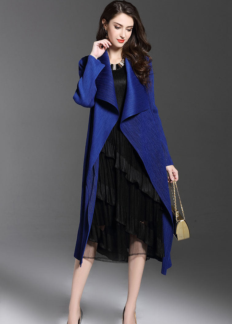 Blue Peter Pan Collar Wrinkled Patchwork Silk Trench Fall