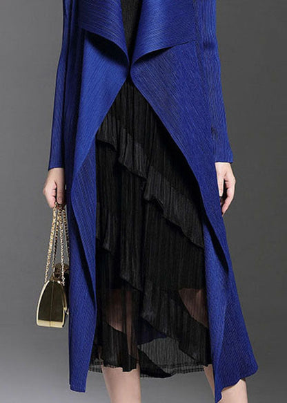 Blue Peter Pan Collar Wrinkled Patchwork Silk Trench Fall