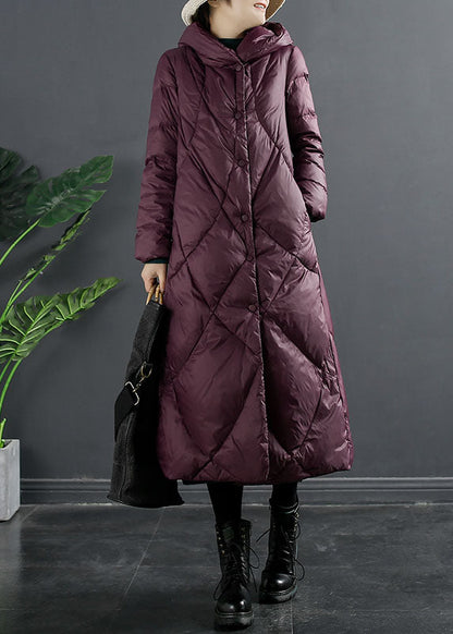 Blue Plaid Pockets Button Duck Down Long Hooded Down Coat Long Sleeve