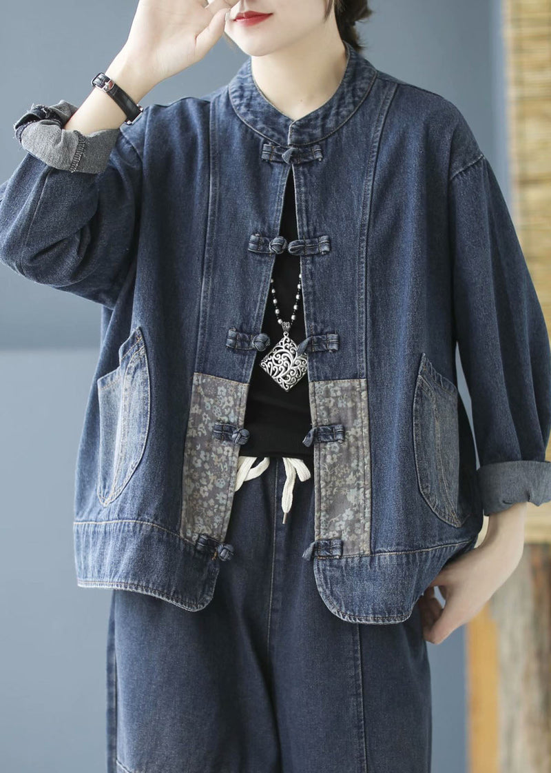 Blue Pockets Button Patchwork Fall Denim Long Sleeve Coat