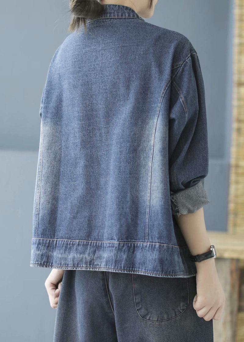 Blue Pockets Button Patchwork Fall Denim Long Sleeve Coat