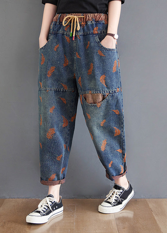 Blue Pockets Print Elastic Waist Harem Pants Summer