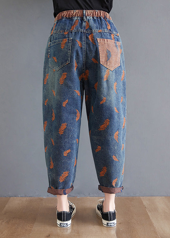 Blue Pockets Print Elastic Waist Harem Pants Summer