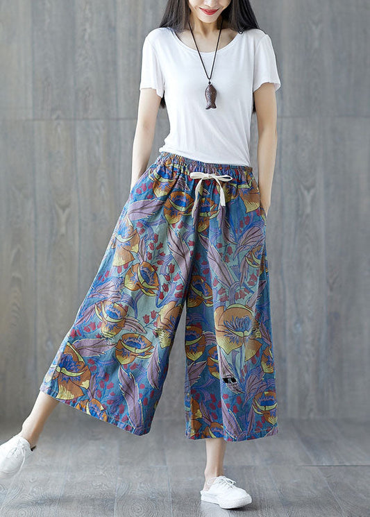 Blue Pockets Print Wide Leg Crop Pants Summer