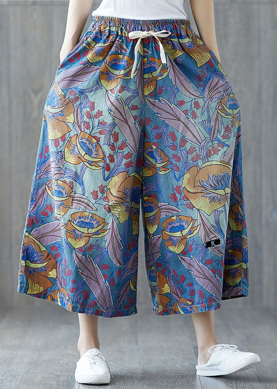 Blue Pockets Print Wide Leg Crop Pants Summer