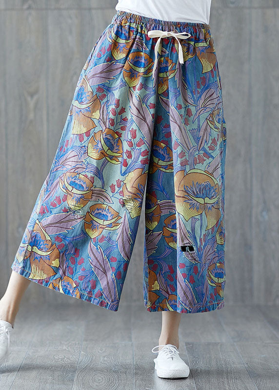Blue Pockets Print Wide Leg Crop Pants Summer