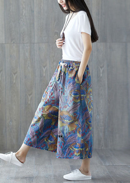 Blue Pockets Print Wide Leg Crop Pants Summer