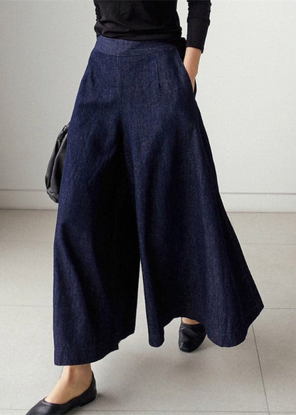 Blue Pockets Wide Leg Denim Pants Spring